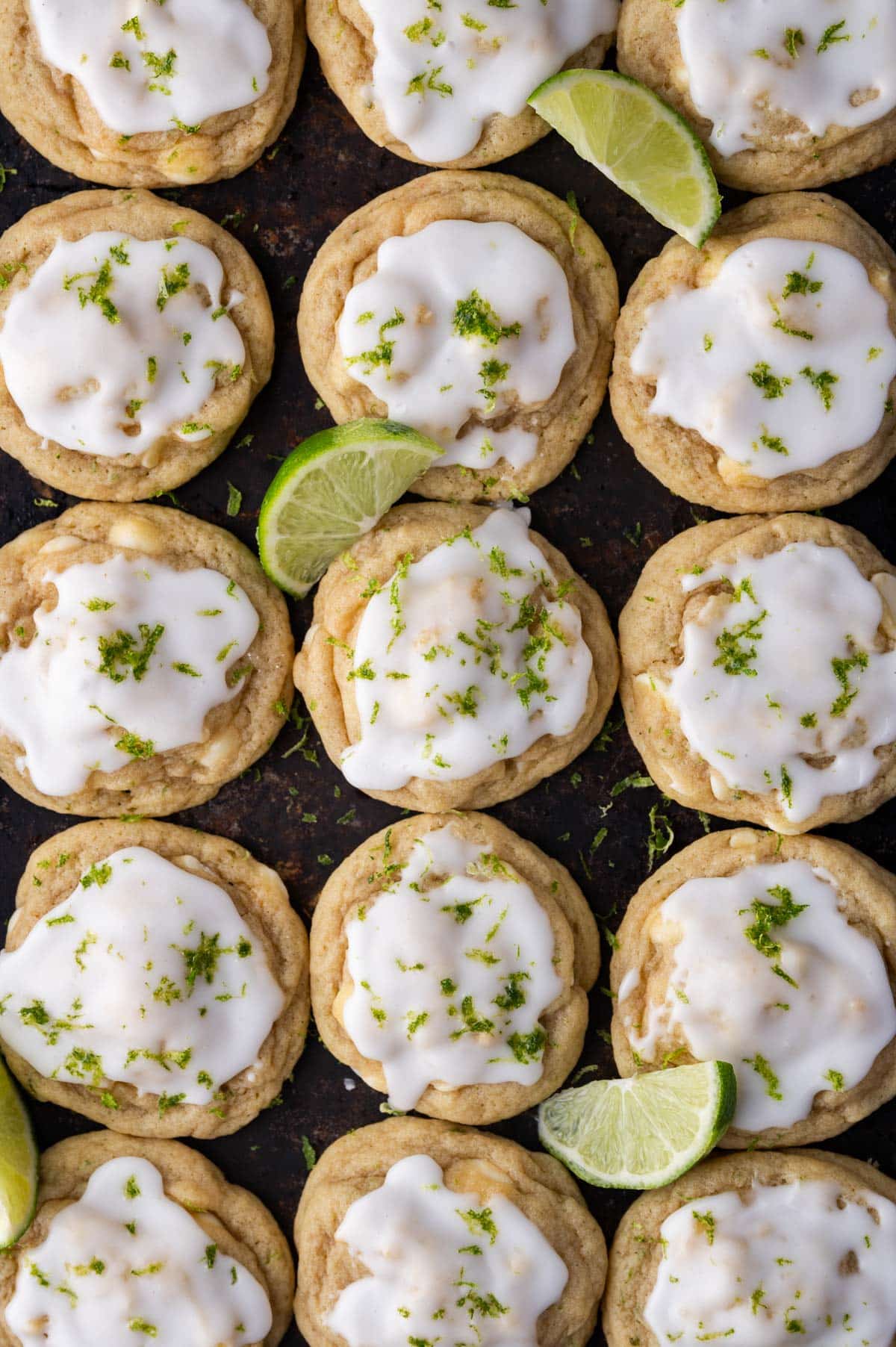 overhead view of key lime sugar cookies on a baking sheet