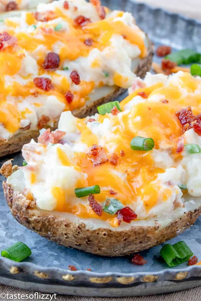 A close up of a twice baked potato