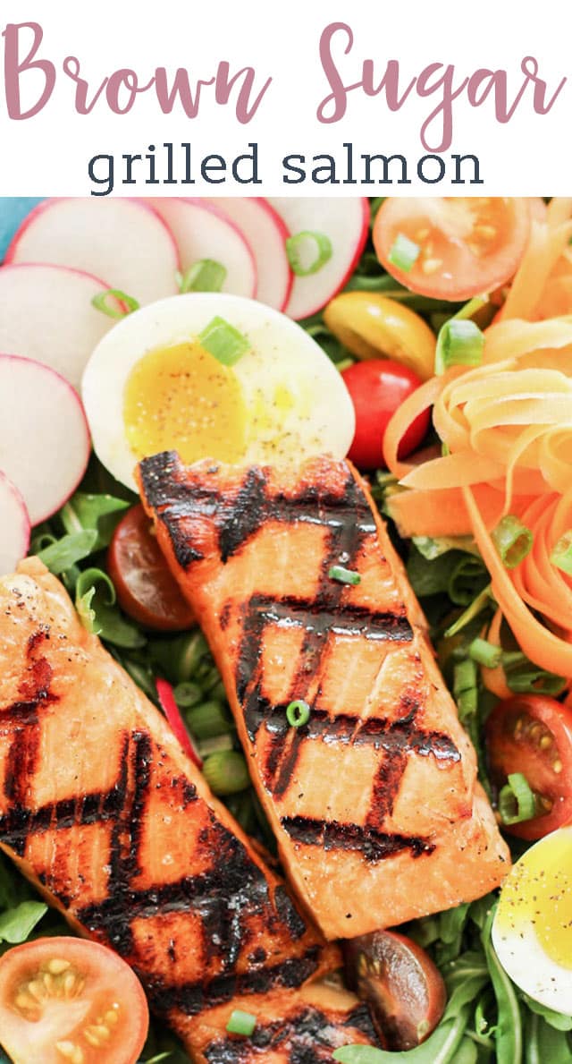 A plate of food, with Salmon and vegetables