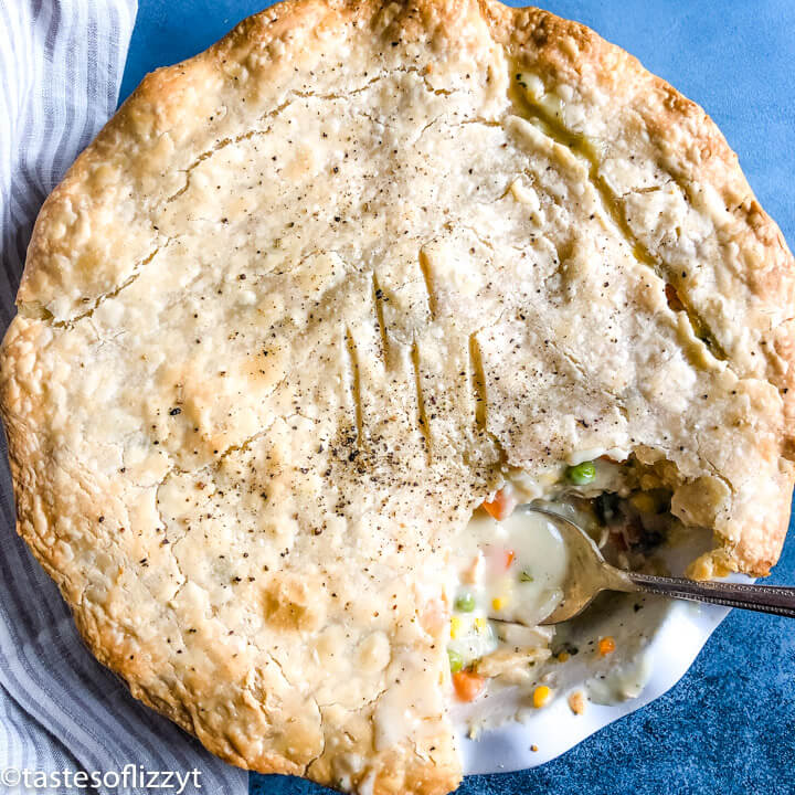 overhead view of chicken pot pie with a spoon