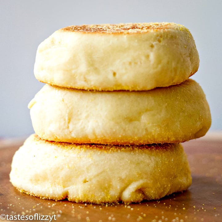 stack of 3 english muffins on a table