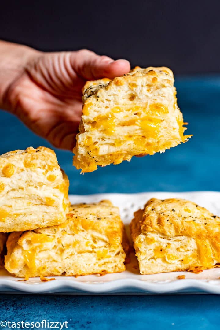 hand holding a cheddar cheese biscuit