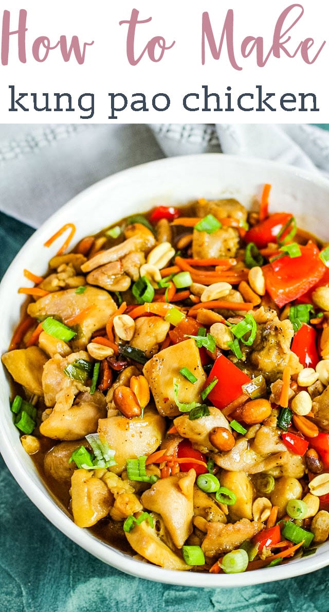 A bowl filled with different types of food on a plate, with Kung Pao chicken