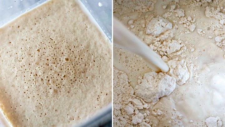 yeast proofing and milk pouring into dough
