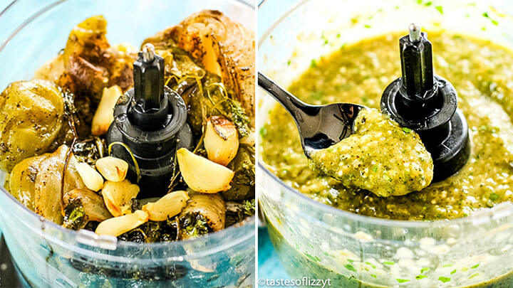 tomatillos and garlic in a food processor