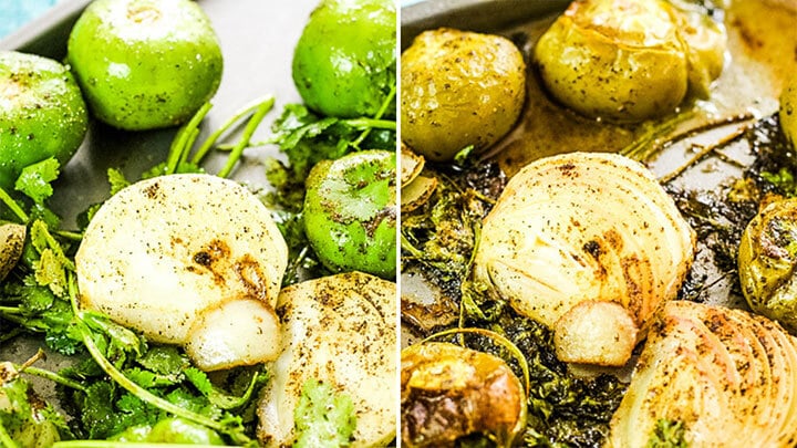 roasted tomatillos on a pan