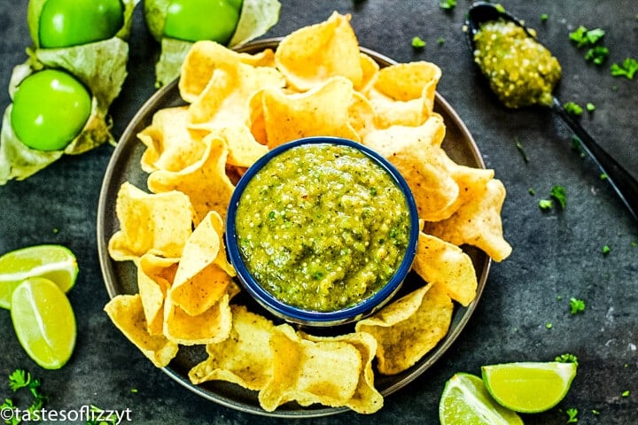 salsa verde and chips on a platter