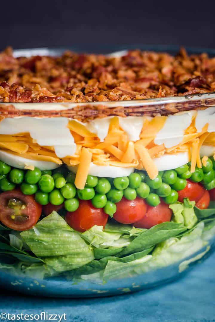 seven layer salad in a bowl
