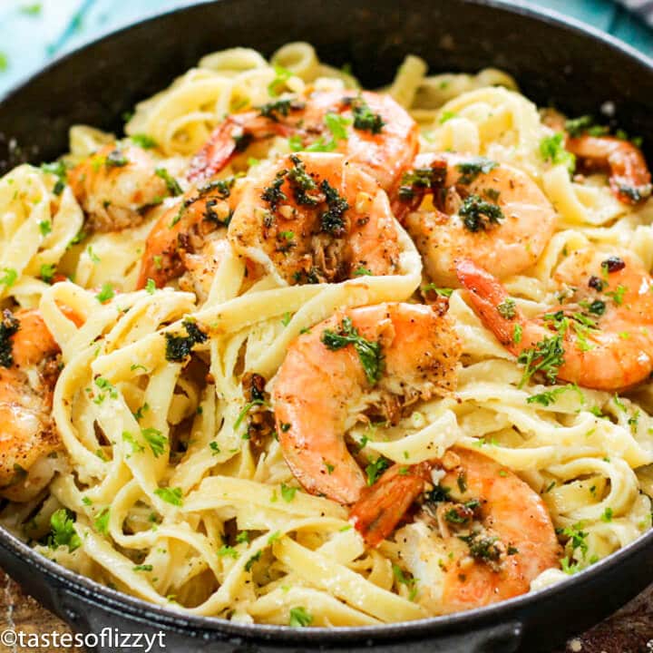 A bowl filled  with Shrimp and Fettuccine