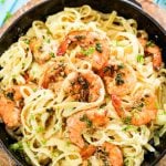 Shrimp Alfredo Pasta Recipe in a skillet