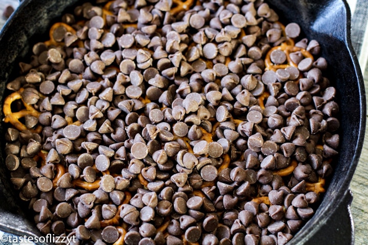 chocolate chips in a skillet