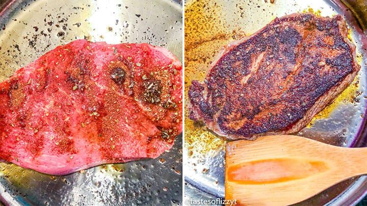 steak frying in a skillet