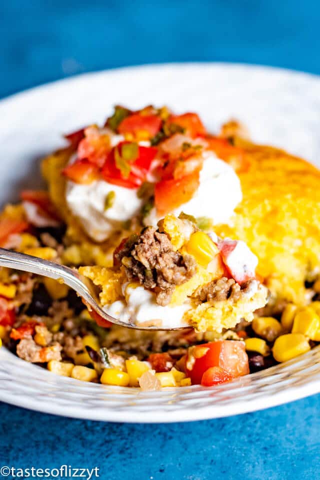 Easy Tamale Pie in bowl with spoon