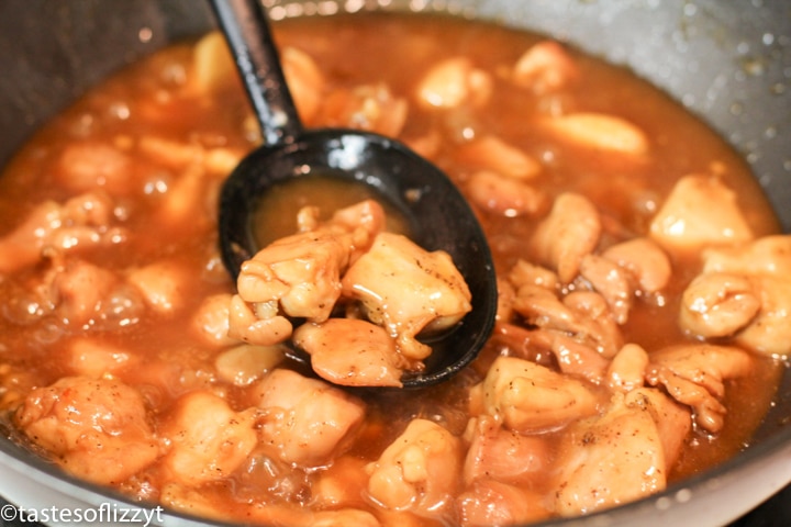 chicken and teriyaki sauce in skillet