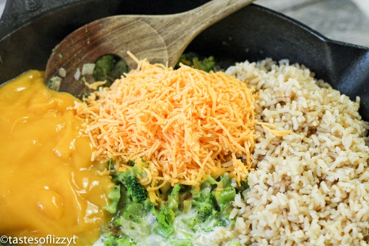 cheese, broccoli and rice in a skillet