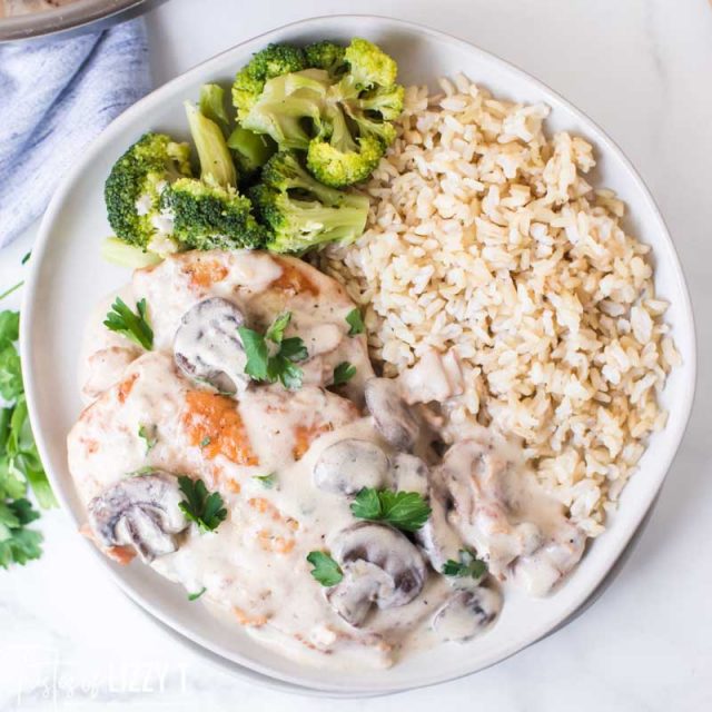 Chicken Marsala with rice and broccoli