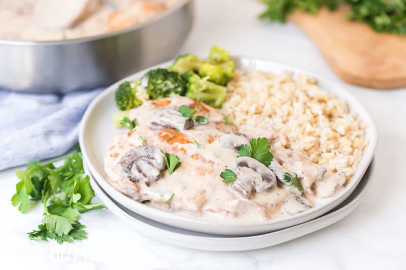 a plate of rice and chicken with mushrooms