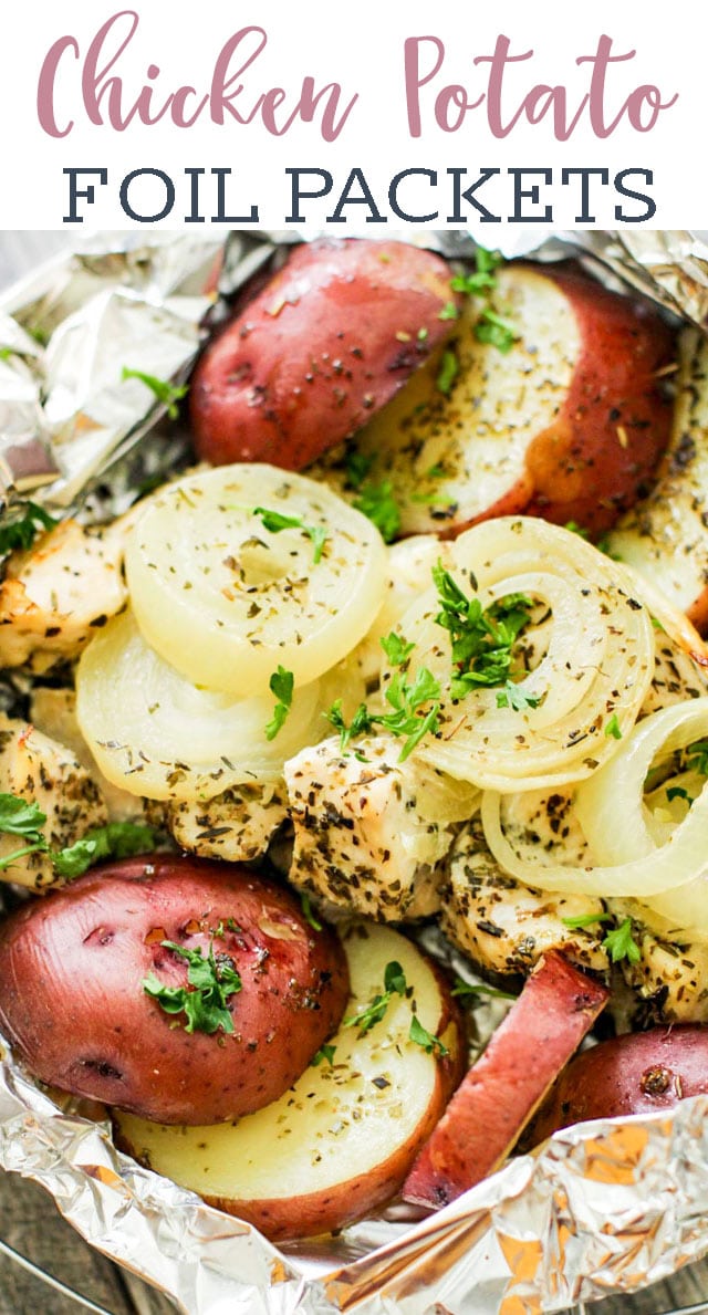 Tender and crisp this chicken and potatoes foil packet dinner recipe is a hearty and healthy foil packet dinner idea that is great for grilling, baking in the oven, or cooking over a campfire! #campfire #chicken #potatoes #dinner #recipes  via @tastesoflizzyt