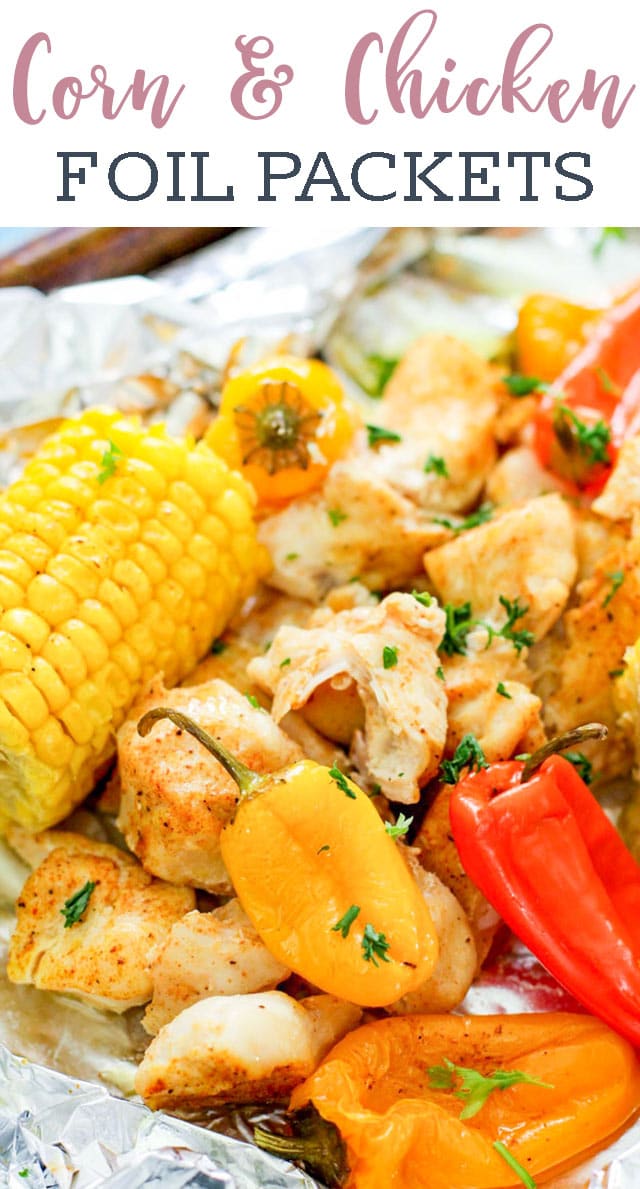 chicken, peppers and corn on foil