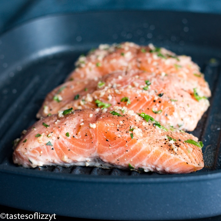 A close up of salmon in a pan