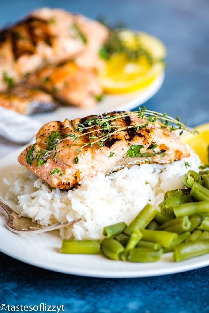 A plate of food, with Salmon and Lemon