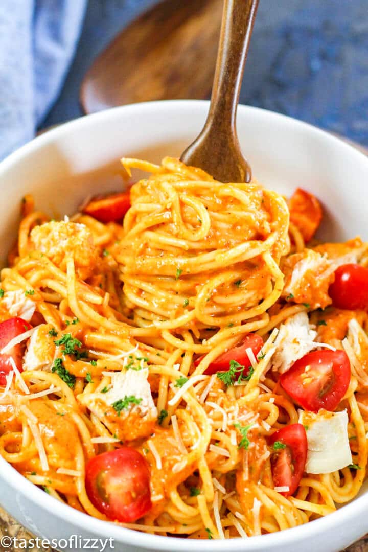 pasta on a fork in a bowl