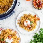 overhead shots of plates of chicken and rice