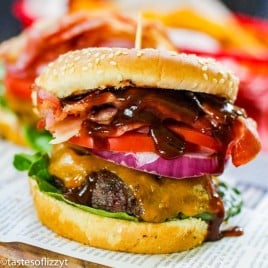 hamburger with cheese, bacon and barbecue sauce