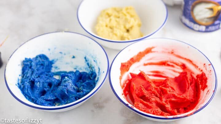 bowls of colored cookie batter