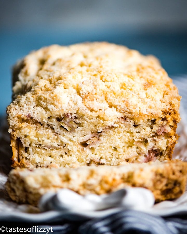 A close up of a loaf of rhubarb bread