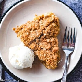 rhubarb pie on a plate overhead shot