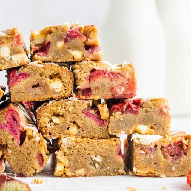 pile of strawberry rhubarb blondies