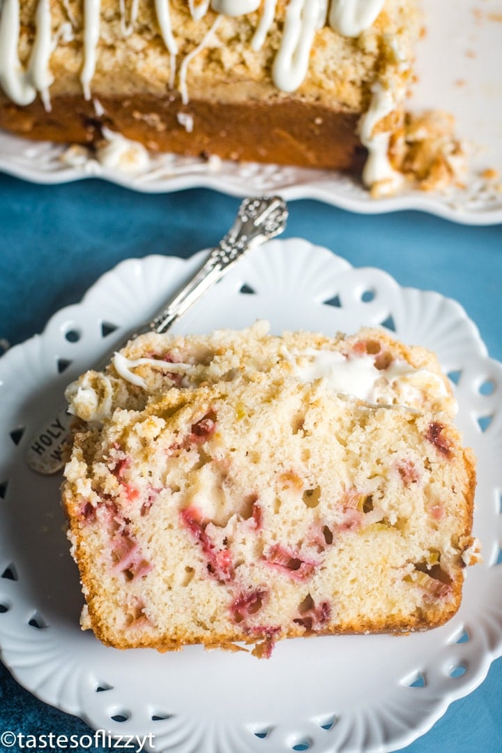 slices of strawberry rhubarb bread on a plate