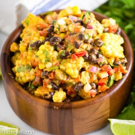 Corn and Black Bean Salad in a wood bowl