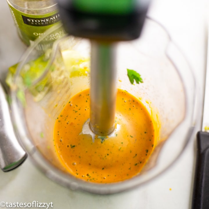 immersion blender mixing dressing for salad