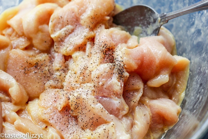 A close up of a bowl of food, with Chicken