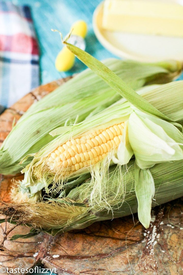 A close up of food, with Husk and Corn on the cob