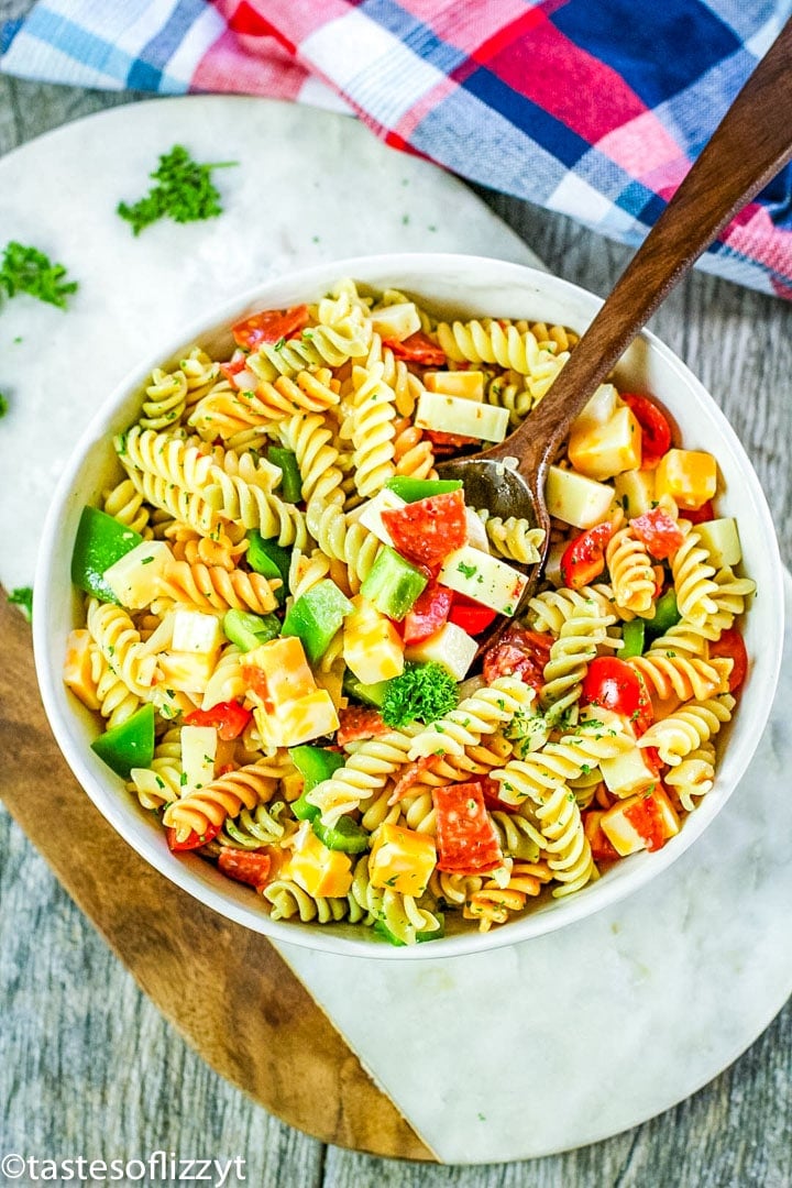 overhead view of pasta salad in a bowl