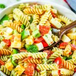 A plate full of food, with Pasta Salad