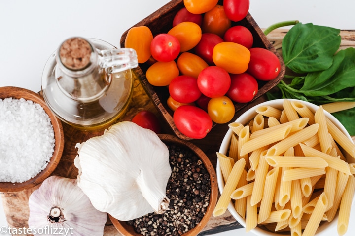 ingredients for tomato basil pasta on a table