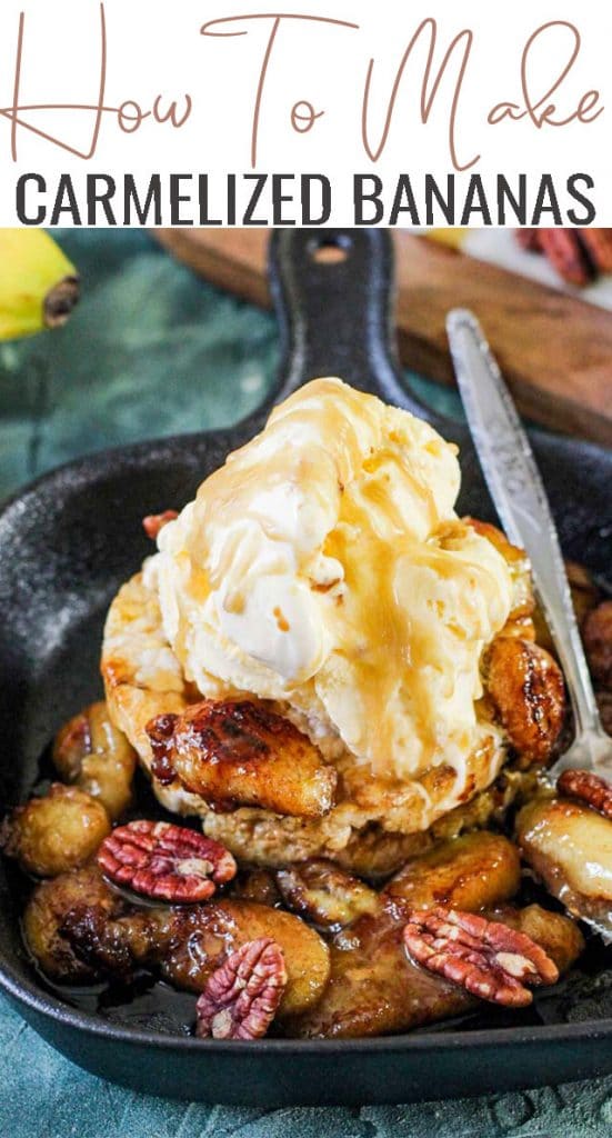 caramel bananas with ice cream in a skillet