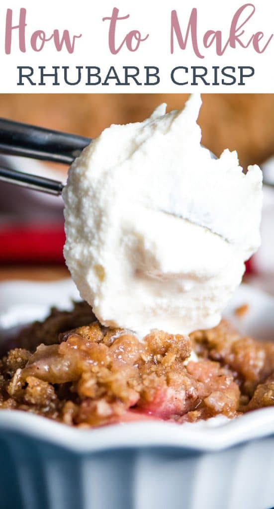 ice cream scooping on top of rhubarb crisp