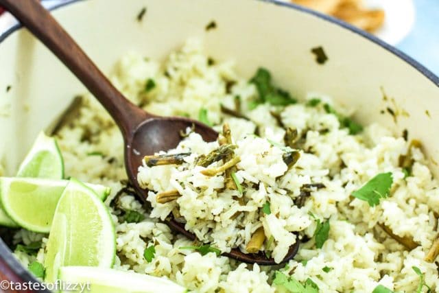 pot of rice and asparagus on a spoon