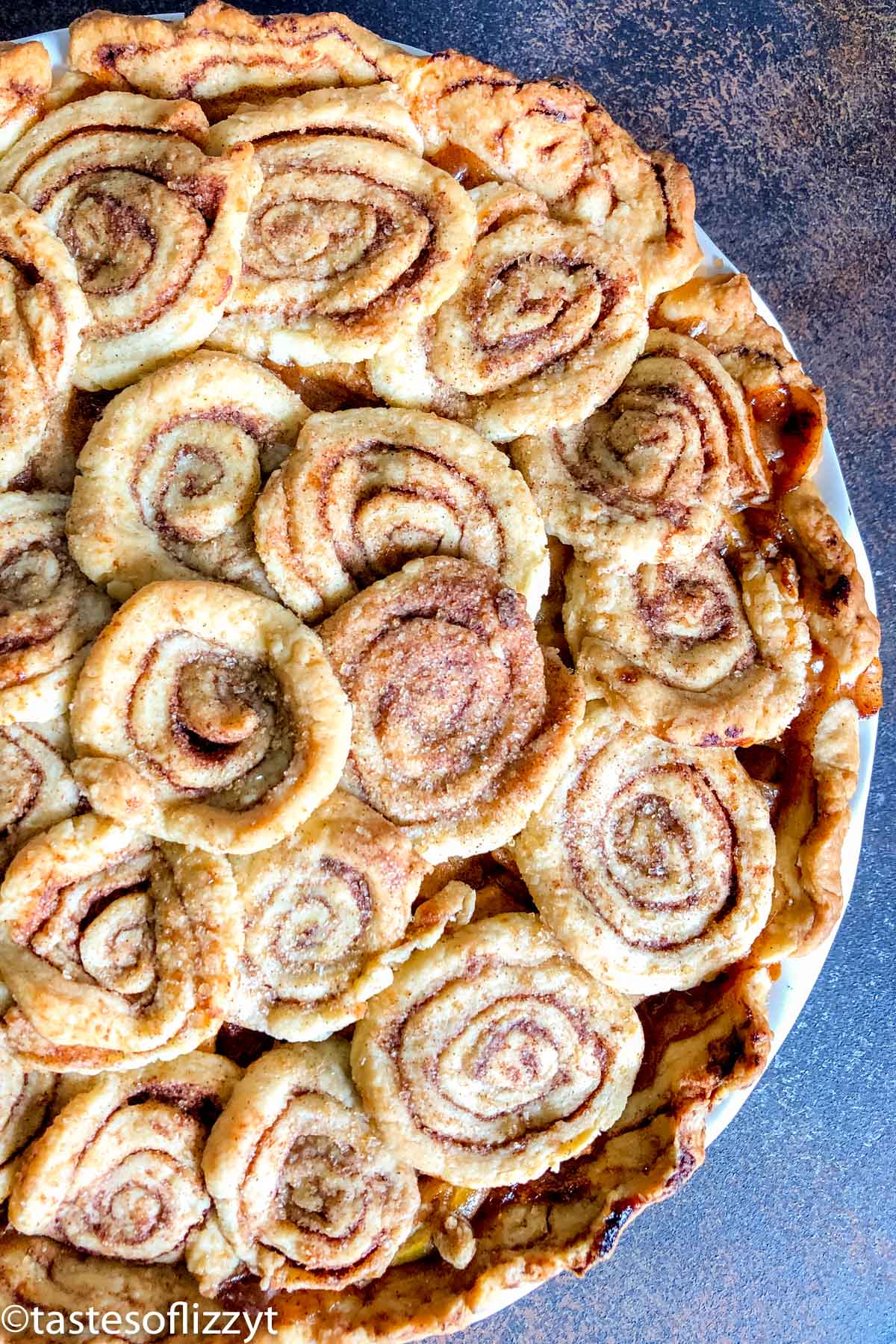 overhead view of cinnamon roll pie