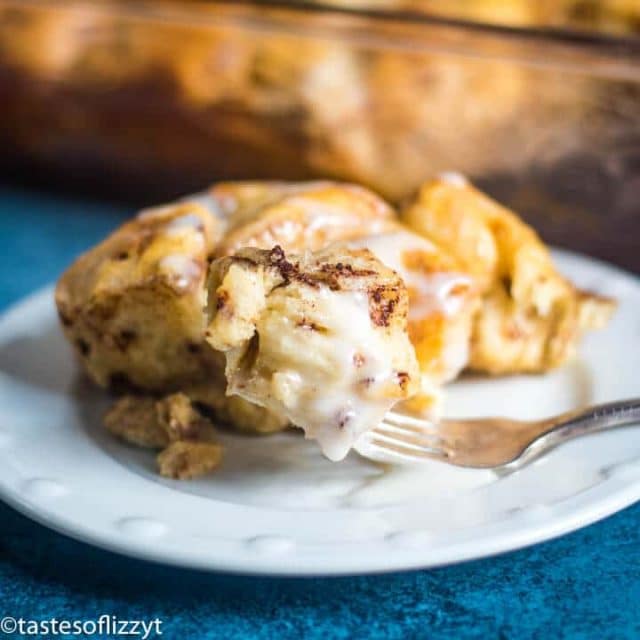 Cinnamon Roll Casserole on a fork