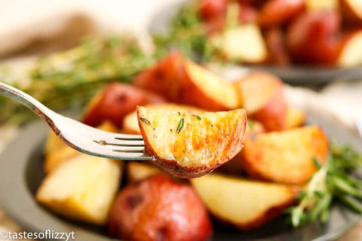 A close up of a plate of potatoes on a fork