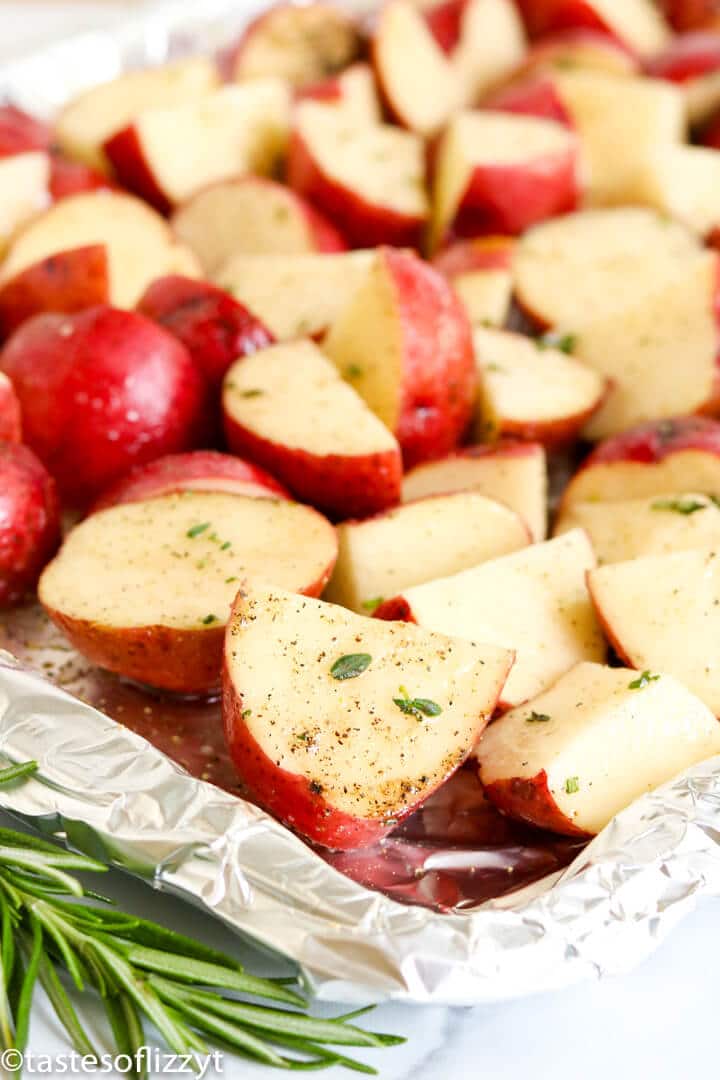 red potatoes on a baking sheet with foil