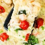 Shrimp Alfredo Pizza on a spatula