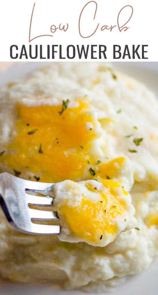 A close up of mashed cauliflower with fork