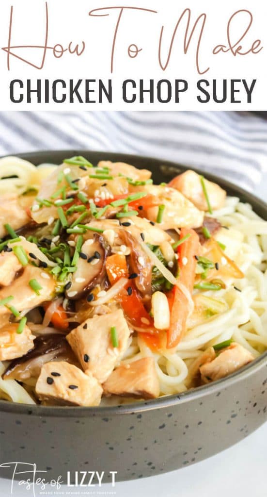 A bowl of food, with Chicken and Chop suey